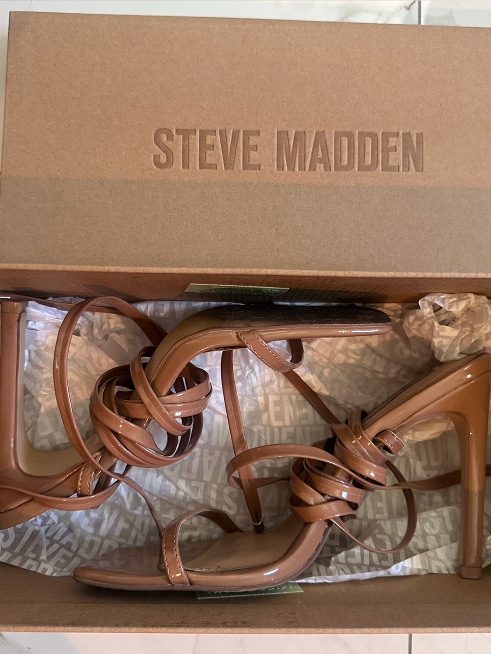 Steve Madden Cognac Patent Strappy Stiletto Sandals